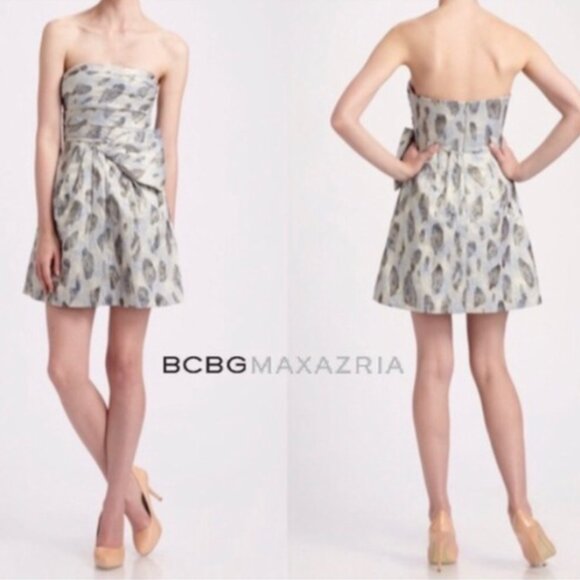 BCBG Blue and Metallic Jacquard Mini Dress With Bow Detail - Picture 10 of 10